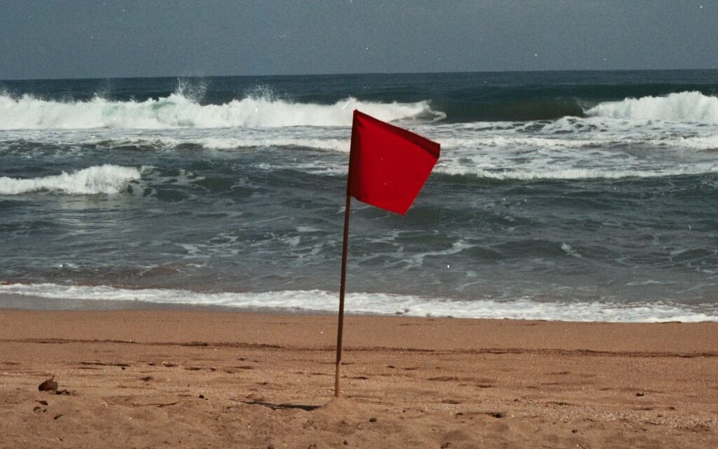 a red flag sticking out of the sand of a beach